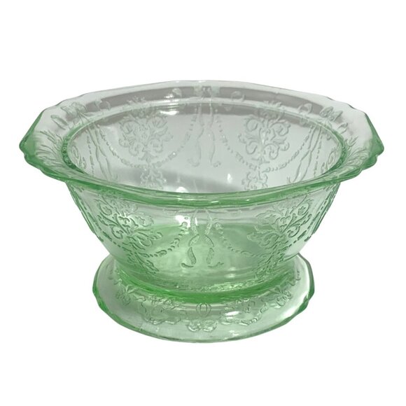 Belmont Tumbler Co. Bowknot Green Uranium Depression Glass Low Footed Bowl - Picture 6 of 8